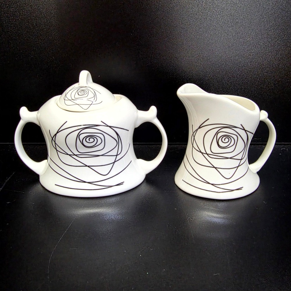 Modern Ceramic Sugar Bowl & Creamer Set White Black Rose Swirl Spiral Art Deco